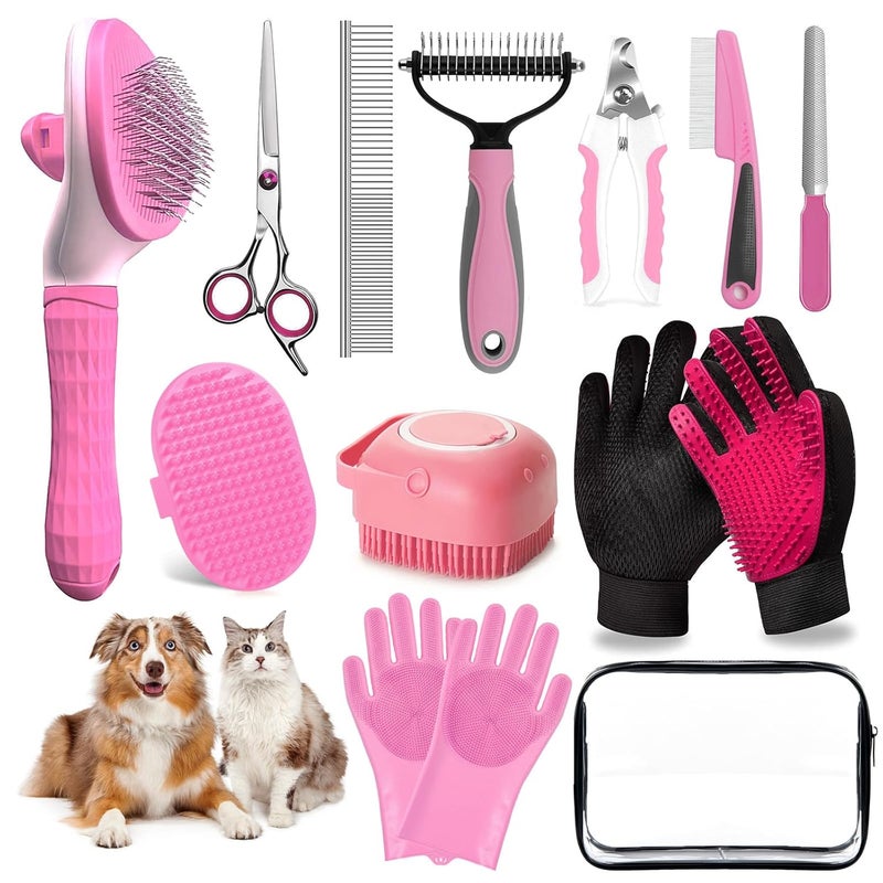 2TRUL Dog Brush for Shedding 13pcs Bath Grooming Kit with Pet Nail Clipper and File - Dog Bath Brush Cat Grooming Supplies, Dematting Comb Bath Brush Shampoo Scrubber for Dogs and Cats - Image 1